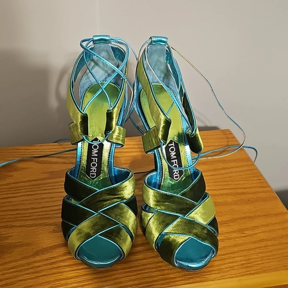 Tom Ford Teal and Lime Green Satin Strappy High Heel Sandals - Picture 2 of 13